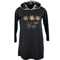   "A"-vonalú, hosszított fazonú, puntó anyagból készült, ocelot állatmintával díszített, környakú, kapucnis, hosszú ujjú, fiatalos olasz vastagabb anyagú tunika- fekete