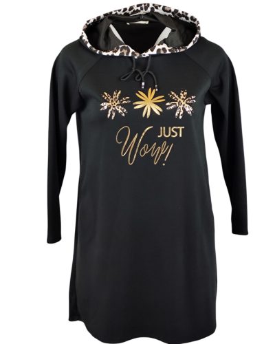 "A"-vonalú, hosszított fazonú, puntó anyagból készült, ocelot állatmintával díszített, környakú, kapucnis, hosszú ujjú, fiatalos olasz vastagabb anyagú tunika- fekete