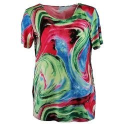   Ilona hosszított karcsúsított fazonú, zsebes, rövidujjú, környakú, rugalmas viszkóz anyagú, nagy színes hullám mintás lengyel fiatalos tunika- zöld, kék, piros