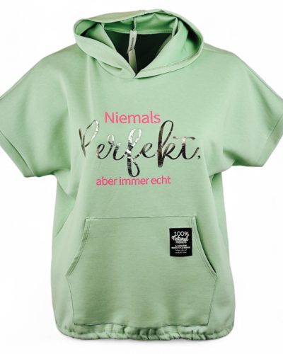 Feliratos, kenguru zsebes, kapucnis, rövid ujjú, viszkóz anyagból készült, fiatalos, sportos, olasz tunika- almazöld