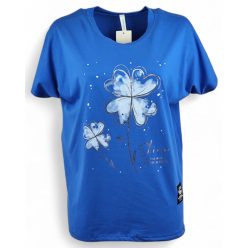   Fehér virággal díszített elejű, pamut anyagból készült, madzaggal behúzható aljú, rövid ujjú, fiatalos olasz tunika- királykék