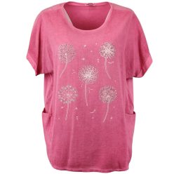   Hosszított egyenes fazonú, környakú, rövidujjú, zsebes, pamut-len anyagból készült fiatalos olasz molett tunika, pitypangokkal díszítve- pink