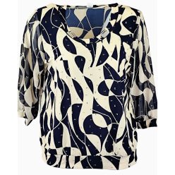   Muszlin ujjú, rövidebb fazonú, passzé aljú, sötétkék alapon drapp mintás, alkalmi molett felsőrész- sötétkék, drapp