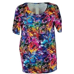   Ilona hosszított karcsúsított fazonú, zsebes, rövidujjú, környakú, rugalmas viszkóz anyagú, nagy színes folt mintás lengyel fiatalos tunika- kék, sárga, pink