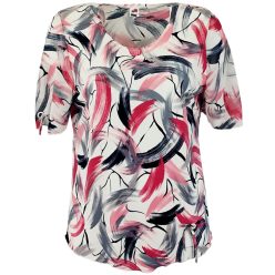   Maggi, rövid muszlin ujjú, környakú, krém szín alapon vonal mintás viszkóz anyagból készült, egyenes fazonú, molett lengyel tunika- krém szín, korall szín