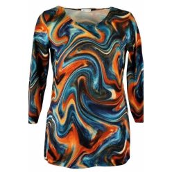   Kötött színes hullám mintás anyagból készült, hosszított egyenes fazonú, hosszú ujjú, környakú,  Ilona fiatalos molett lengyel tunika- kék, fekete, narancssárga