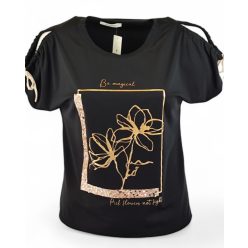   Arany négyzetben, 2 szál arany virággal díszített, viszkóz anyagból készült, lyukas vállú, rövid megkötős ujjú, fiatalos olasz felsőrész- fekete, arany