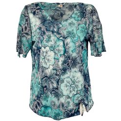   Maggi, rövid muszlin ujjú, környakú, levél mintás viszkóz anyagból készült, egyenes fazonú, molett lengyel tunika- krém szín, türkíz zöld