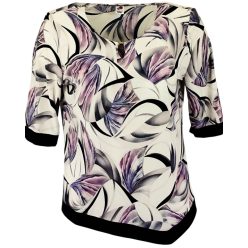   Maggi, rövidujjú, környakú, krém szín alapon levél mintás viszkóz anyagból készült, egyenes fazonú, ferde aljú, molett lengyel tunika- krém szín, világos lila