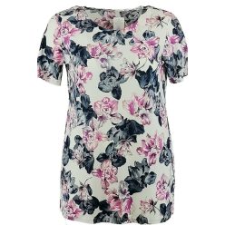   Ilona hosszított karcsúsított fazonú, zsebes, rövidujjú, környakú, rugalmas viszkóz anyagú, nagy rózsás lengyel fiatalos tunika- sötétkék, krém szín, rózsaszín