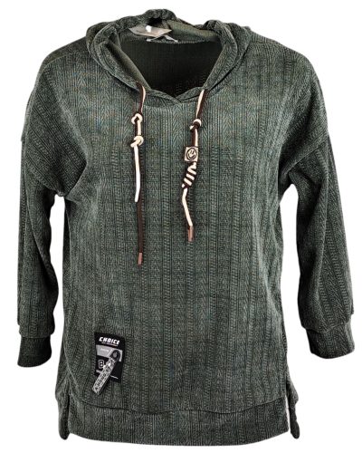 Egyenes fazonú, egyszínű magában mintás zsenília szerű puha anyagból készült, környakú, hosszú ujjú, fiatalos olasz vastagabb anyagú tunika- keki zöld