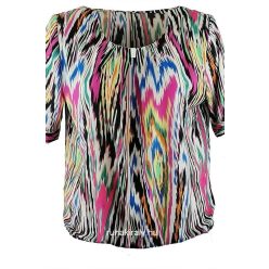   Nico gumirozott aljú, színes cikk-cakk mintás, rövid masnis ujjú, környakú, selyem anyagú lengyel felsőrész- fekete, pink, sárga, kék