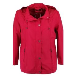   Deréknál gumírozott, cipzáras és patentos, béléses, hosszított csípőre érő fazonú. egyszínű, levehetó kapucnis lengyel átmeneti kabát, cipzáras zsebbel- piros