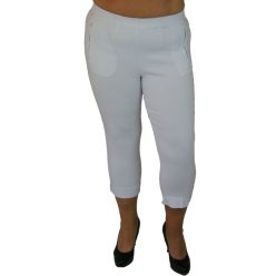   Kényelmes csinos magas gumis derekú, sztreccses anyagú, capri fazonú egyszínű nyári nadrág cipzáras zsebekkel - fehér