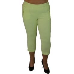   Kényelmes csinos magas gumis derekú, sztreccses anyagú, capri fazonú egyszínű nyári nadrág cipzáras zsebekkel - zöldes sárga