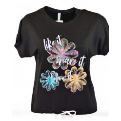   Három csillogós virágfejjel díszített, környakú, rövid ujjú, viszkóz anyagból készült, fiatalos felsőrész, húzható zsinórral az alján- fekete