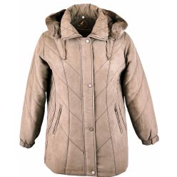   Cipzáras és patentos, hosszított egyenes fazonú, prémes levehető kapucnis, gumírozott ujjú, ferde zsebes, bőrhatású szövetből készült női télikabát, szép karcsúsító dísztűzéssel varrva- mogyoró barna