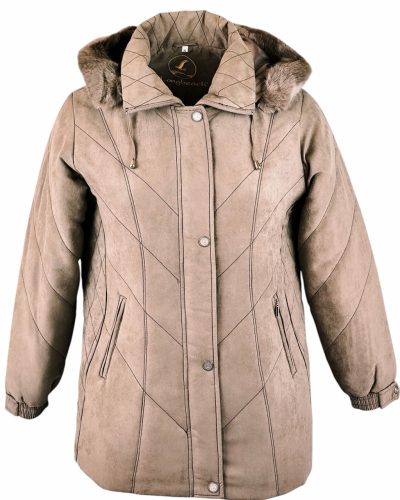 Cipzáras és patentos, hosszított egyenes fazonú, prémes levehető kapucnis, gumírozott ujjú, ferde zsebes, bőrhatású szövetből készült női télikabát, szép karcsúsító dísztűzéssel varrva- mogyoró barna