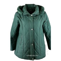   Könnyű vékonyab steppelésű, hosszított egyenes fazonú, galléros, cipzáras és patentos, prémes levehető kapucnis, ferde cipzáras zsebes, molett női télikabát, szép karcsúsító dísztűzéssel varrva- zöld