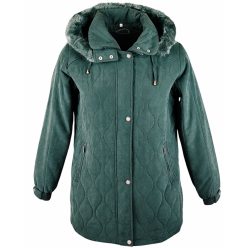   Cipzáras és patentos, hosszított egyenes fazonú, prémes levehető kapucnis, gumírozott ujjú, ferde zsebes, bőrhatású szövetből készült női télikabát, szép karcsúsító dísztűzéssel varrva- zöld
