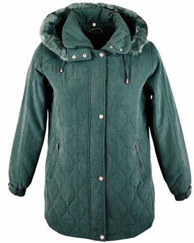 Cipzáras és patentos, hosszított egyenes fazonú, prémes levehető kapucnis, gumírozott ujjú, ferde zsebes, bőrhatású szövetből készült női télikabát, szép karcsúsító dísztűzéssel varrva- zöld