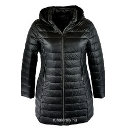   Karcsúsított hosszított fazonú, belül szőrmés, bélelt kapucnis, fényes vízlepergető anyagú női télikabát- fekete