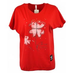   Fehér virággal díszített elejű, pamut anyagból készült, madzaggal behúzható aljú, rövid ujjú, fiatalos olasz tunika- piros