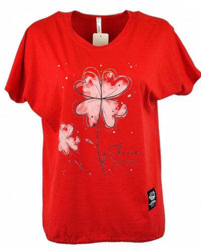 Fehér virággal díszített elejű, pamut anyagból készült, madzaggal behúzható aljú, rövid ujjú, fiatalos olasz tunika- piros