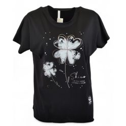   Fehér virággal díszített elejű, pamut anyagból készült, madzaggal behúzható aljú, rövid ujjú, fiatalos olasz tunika- fekete