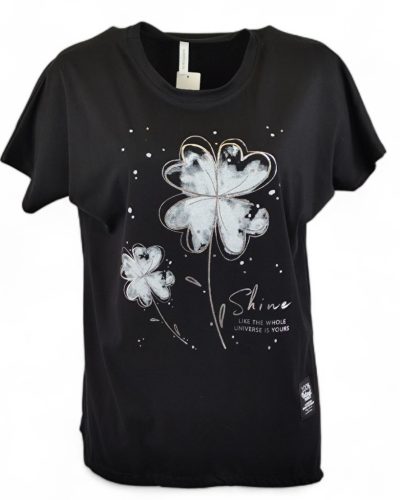 Fehér virággal díszített elejű, pamut anyagból készült, madzaggal behúzható aljú, rövid ujjú, fiatalos olasz tunika- fekete