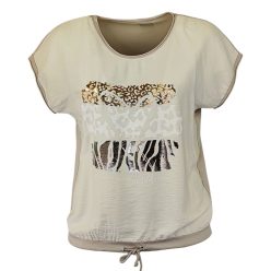   Wild heart, ocelot állat mintás, hátul sima egyszínű pamut anyagból készült, rövidujjú, környakú, fiatalos olasz felsőrész, alul meghúzható zsinórral- drapp