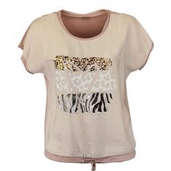   Wild heart, ocelot állat mintás, hátul sima egyszínű pamut anyagból készült, rövid ujjú, környakú, fiatalos olasz felsőrész, alul meghúzható zsinórral- púder szín