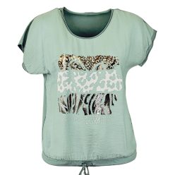   Wild heart, ocelot állat mintás, hátul sima egyszínű pamut anyagból készült, rövidujjú, környakú, fiatalos olasz felsőrész, alul meghúzható zsinórral- türkíz zöld 