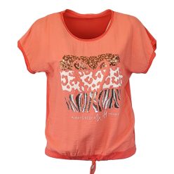   Wild heart, ocelot állat mintás, hátul sima egyszínű pamut anyagból készült, rövid ujjú, környakú, fiatalos olasz felsőrész, alul meghúzható zsinórral- korall szín
