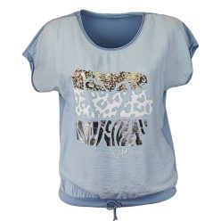   Wild heart, ocelot állat mintás, hátul sima egyszínű pamut anyagból készült, rövid ujjú, környakú, fiatalos olasz felsőrész, alul meghúzható zsinórral- világoskék