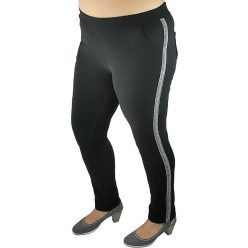   Hosszú szárú díszített zsebű, vastag, belül bolyhos jersey leggings, kétoldalt fényes csíkkal, gumis derekú- fekete