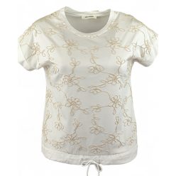   Natúr madzaggal hímzett elejű, környakú, rövid ujjú, viszkóz anyagból készült, fiatalos felsőrész, húzható zsinórral az alján- fehér