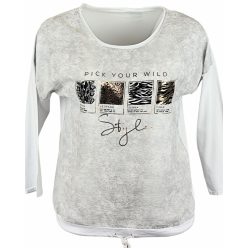   Vadállat mintákkal díszített, batikolt elejű, pamut anyagból készült, hosszú ujjú, környakú, olasz fiatalos felsőrész- fehér