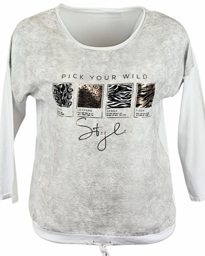 Vadállat mintákkal díszített, batikolt elejű, pamut anyagból készült, hosszú ujjú, környakú, olasz fiatalos felsőrész- fehér