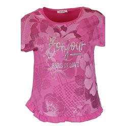   Fodros aljú, ezüst bonjour feliratos virágos elejű, hátul sima pamut anyagból készült, rovidujjú, környakú, fiatalos olasz felsőrész- pink, ezüst