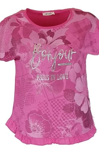 Fodros aljú, ezüst bonjour feliratos virágos elejű, hátul sima pamut anyagból készült, rovidujjú, környakú, fiatalos olasz felsőrész- pink, ezüst