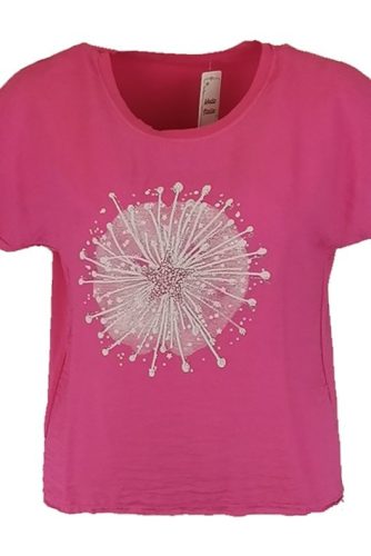 Óriás fehér pitypang fej mintás elejű, hátul sima egyszínű pamut anyagból készült, rövidujjú, környakú, fiatalos olasz felsőrész- pink, fehér
