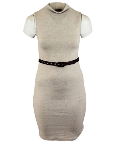 Egyenes, karcsúsított fazonú, egyszínű, kötött anyagból készült, álló nyakú, ujjatlan, fiatalos olasz tunika ruha övvel drapp