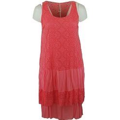   Csipke betétes hátú, környakú, ujjatlan dupla selyem-csipke-pamut alkalmi olasz ruha- korall szín