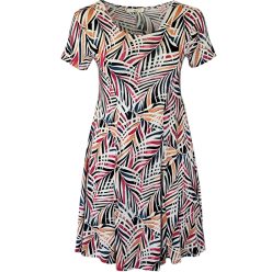   Fruzsi, alkalmi, mintás nyári ruha, karcsúsított, lefelé bővülő térdig érő fazonú, viszkóz anyagból készült, rövidujjú, környakú- narancssárga