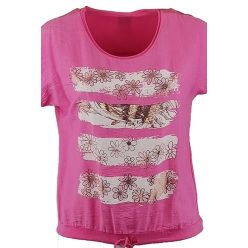   Fényes csíkos elejű, egyszínű, rövidujjú, környakú, fiatalos rövid felső, alul meghúzható zsinórral- pink, arany