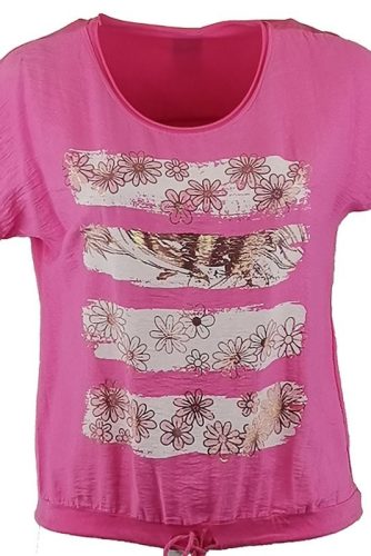 Fényes csíkos elejű, egyszínű, rövidujjú, környakú, fiatalos rövid felső, alul meghúzható zsinórral- pink, arany