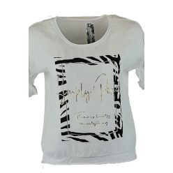   Zebra kerettel díszített arany feliratos elejű, hátul sima egyszínű pamut anyagból készült, hosszú ujjú, környakú, fiatalos olasz felsőrész- fehér