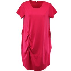   Csomós elejű, hosszú bő egyenes fazonú, molett pamut olasz ruha, környakú, rövidujjú- pink