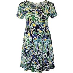   Fruzsi, alkalmi, mintás nyári ruha, karcsúsított, lefelé bővülő térdig érő fazonú, viszkóz anyagból készült, rövidujjú, környakú- sárga